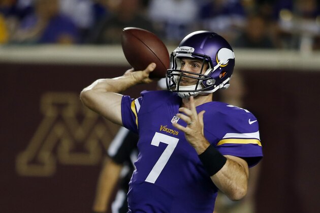 Aug 8, 2014; Minneapolis, MN, USA; Minnesota Vikings quarterback Christian Ponder (7) passes against the Oakland Raiders in the second half at TCF Bank Stadium. Mandatory Credit: Bruce Kluckhohn-USA TODAY Sports