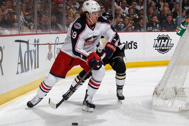 PITTSBURGH, PA - APRIL 26:  Ryan Johansen #19 of the Columbus Blue Jackets moves the puck against the Pittsburgh Penguins in Game Five of the First Round of the 2014 Stanley Cup Playoffs at Consol Energy Center on April 26, 2014 in Pittsburgh, Pennsylvania.  (Photo by Gregory Shamus/NHLI via Getty Images)