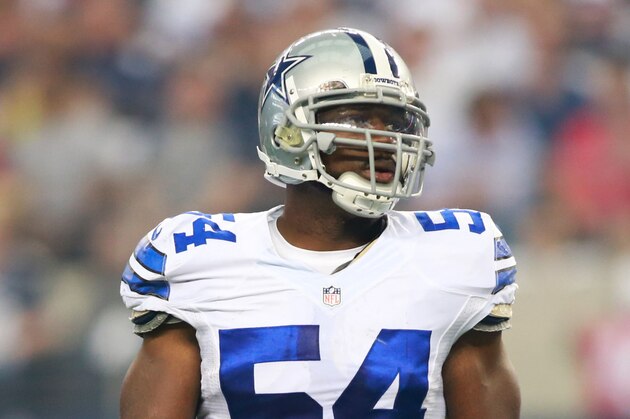 Sep 7, 2014; Arlington, TX, USA;  Dallas Cowboys outside linebacker Bruce Carter (54) in game action against the San Francisco 49ers at AT&T Stadium. San Francisco beat Dallas 28-17. Mandatory Credit: Tim Heitman-USA TODAY Sports