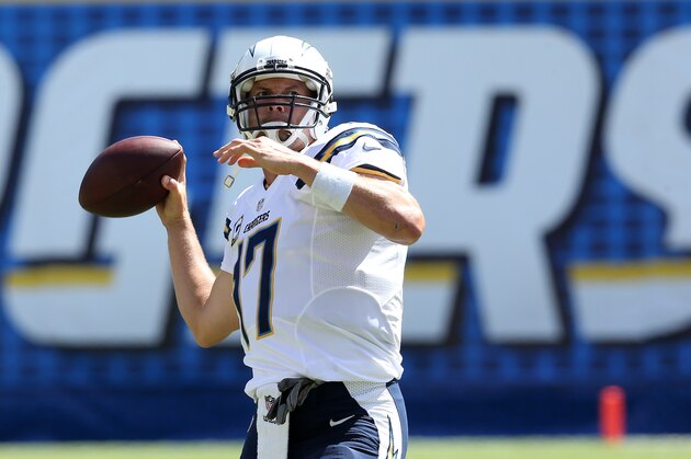 SAN DIEGO, CA - SEPTEMBER 28:  Philip Rivers #17 of the San Diego Chargers throws the ball during warmups for the game with the Jacksonville Jaguars at Qualcomm Stadium on September 28, 2014 in San Diego, California.  (Photo by Stephen Dunn/Getty Images)