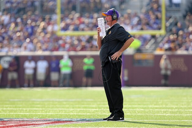 Sep 28, 2014; Minneapolis, MN, USA; Minnesota Vikings head coach Mike Zimmer looks on during the second quarter against the Atlanta Falcons at TCF Bank Stadium. The Vikings defeated the Falcons 41-28. Mandatory Credit: Brace Hemmelgarn-USA TODAY Sports