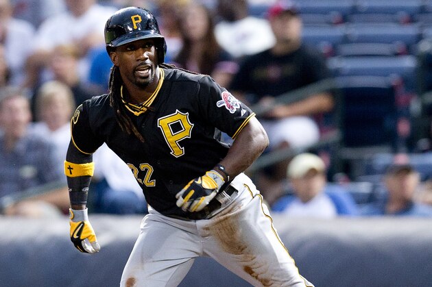 Pittsburgh Pirates center fielder Andrew McCutchen (22) is shown against the Atlanta Braves in the first inning of a baseball game  Wednesday, Sept. 24, 2014, in Atlanta. (AP Photo/John Bazemore)