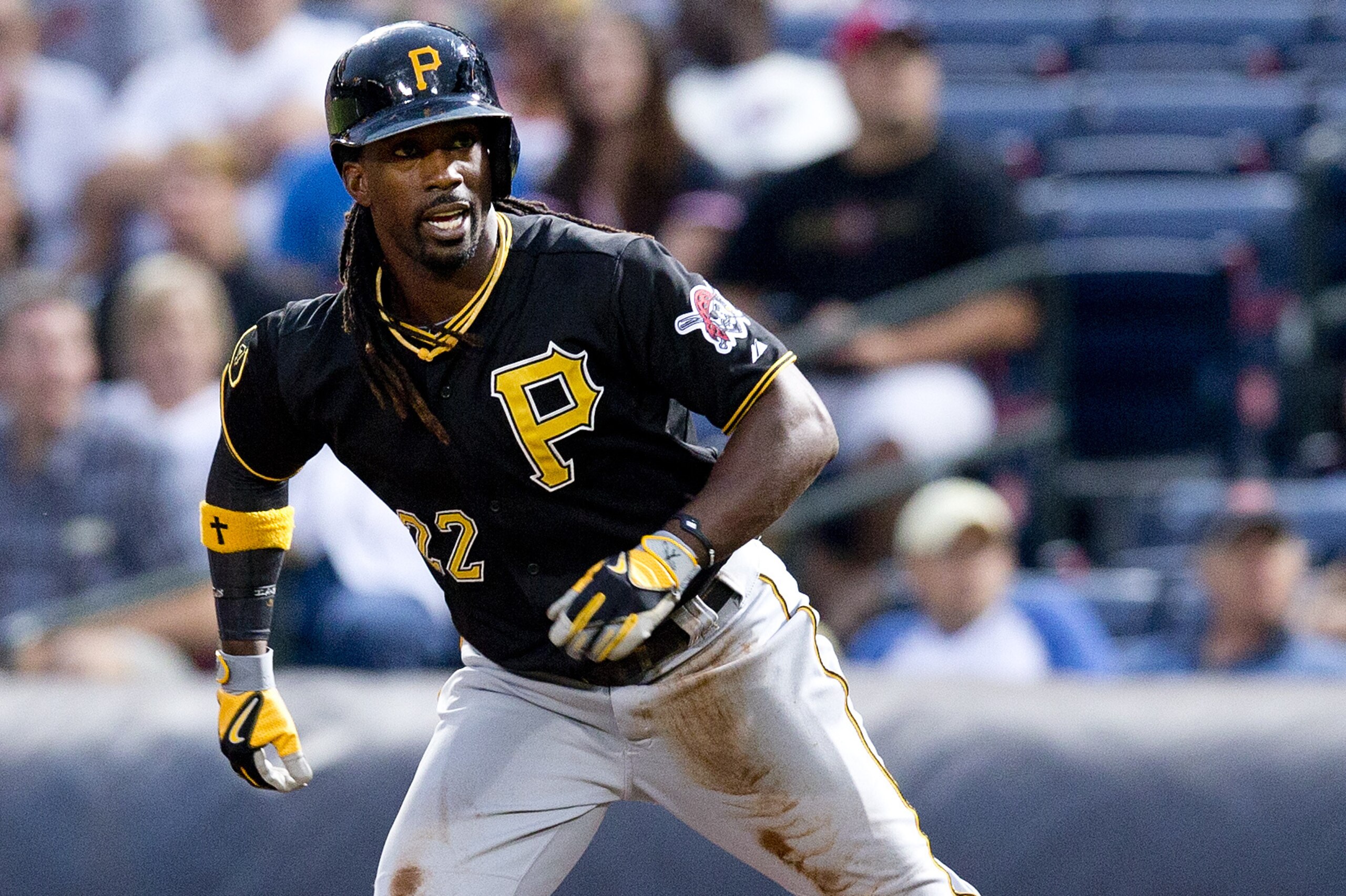Pittsburgh Pirates center fielder Andrew McCutchen (22) is shown against the Atlanta Braves in the first inning of a baseball game  Wednesday, Sept. 24, 2014, in Atlanta. (AP Photo/John Bazemore)