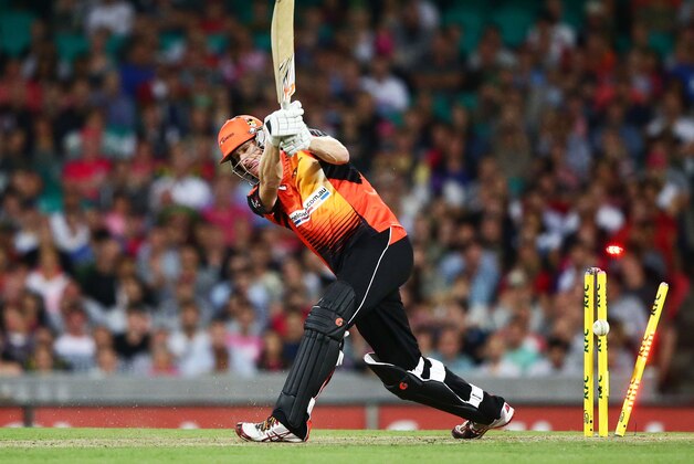 SYDNEY, AUSTRALIA - FEBRUARY 05:  Adam Voges of the Scorchers is bowled by Mitchell Starc of the Sixers during the Big Bash League semi final match between the Sydney Sixers and the Perth Scorchers at Sydney Cricket Ground on February 5, 2014 in Sydney, Australia.  (Photo by Matt King/Getty Images)