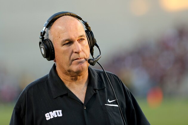 HOUSTON, TX- SEPTEMBER 21: Head coach June Jones of the Southern Methodist Mustangs coaches agains the Texas A&M Aggies in the second half on September 21, 2013 at Kyle Field in College Station, Texas. (Photo by Thomas B. Shea/Getty Images)