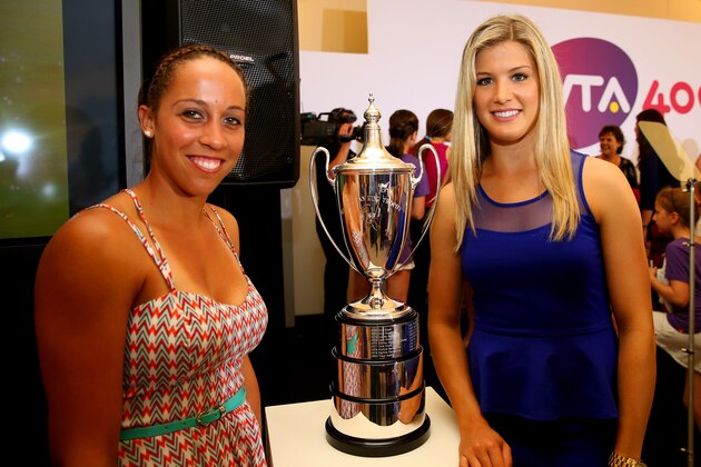 LONDON, ENGLAND - JUNE 30:  Eugenie Bouchard and Madison Keys pose with the Billie Jean King trophy at the WTA 40 Love Celebration during Middle Sunday of the Wimbledon Lawn Tennis Championships at the All England Lawn Tennis and Croquet Club on June 30, 2013 in London, England.  (Photo by Julian Finney/Getty Images)