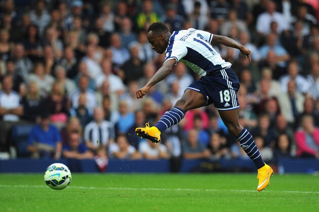 WEST BROMWICH, ENGLAND - SEPTEMBER 28:  WBA player Saido Berahino shoots to score the third goal during the Barclays Premier League match between West Bromwich Albion and Burnley at The Hawthorns on September 28, 2014 in West Bromwich, England.  (Photo by Stu Forster/Getty Images)