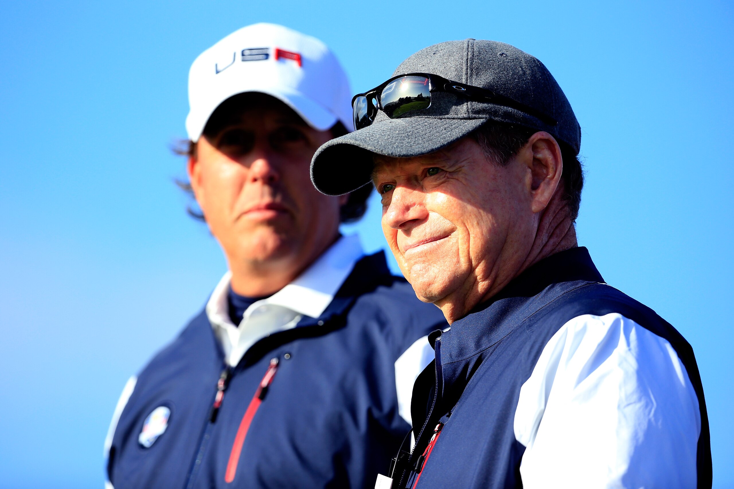 AUCHTERARDER, SCOTLAND - SEPTEMBER 26:  Phil Mickelson (L) of the United States talks with captain Tom Watson on the 6th tee during the Morning Fourballs of the 2014 Ryder Cup on the PGA Centenary course at the Gleneagles Hotel on September 26, 2014 in Auchterarder, Scotland.  (Photo by Harry How/Getty Images)
