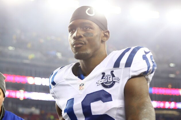 FOXBORO, MA - JANUARY 11:   Da'Rick Rogers #16 of the Indianapolis Colts runs off the field being defeated by the New England Patriots in their AFC Divisional Playoff game at Gillette Stadium on January 11, 2014 in Foxboro, Massachusetts. The New England Patriots defeated the Indianapolis Colts 43 to 22.  (Photo by Elsa/Getty Images)