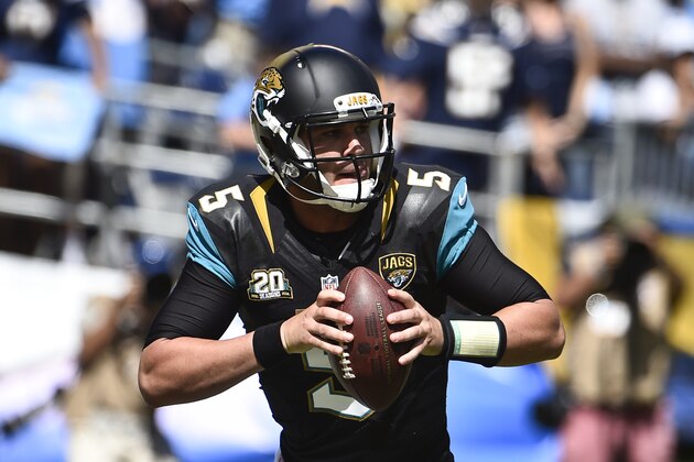 Jacksonville Jaguars quarterback Blake Bortles rolls out looking for a receiver during the first half of an NFL football game against the San Diego Chargers Sunday, Sept. 28, 2014, in San Diego.  (AP Photo/Denis Poroy)