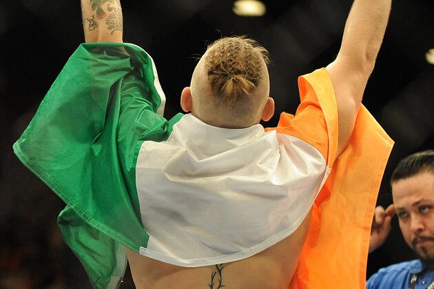 Sep 27, 2014; Las Vegas, NV, USA; Conor McGregor celebrates his knockout victory during the first round over Dustin Poirier during UFC 178 at MGM Grand Garden Arena. Mandatory Credit: Stephen R. Sylvanie-USA TODAY Sports