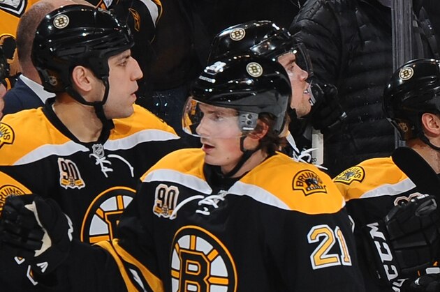 BOSTON, MA - JANUARY 30: Loui Eriksson #21, David Krejci #46 and Torey Krug #47 of the Boston Bruins celebrate a goal against the Montreal Canadiens at the TD Garden on January 30, 2014 in Boston, Massachusetts.  (Photo by Steve Babineau/NHLI via Getty Images)