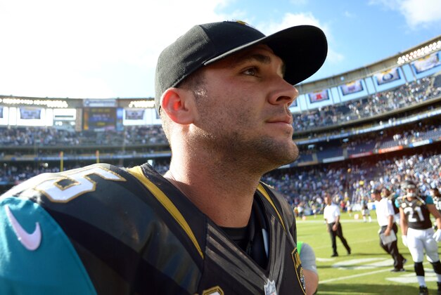Sep 28, 2014; San Diego, CA, USA; Jacksonville Jaguars quarterback Blake Bortles (5) on the field after the Jaguars were beat by the San Diego Chargers 33-14 at Qualcomm Stadium. Mandatory Credit: Jake Roth-USA TODAY Sports
