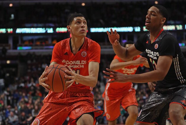CHICAGO, IL - APRIL 2: Justin Jackson #44 of the East team moves against Jahlil Okafor #22 of the West team during the 2014 McDonald's All American Game at United Center on April 2, 2014 in Chicago, Illinois. The West defeated the East 105-102. (Photo by Jonathan Daniel/Getty Images)