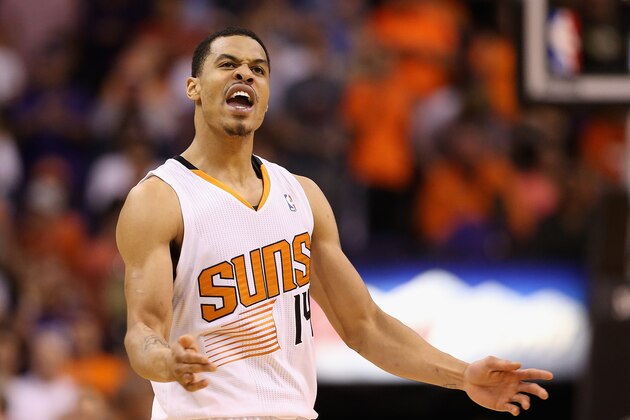 PHOENIX, AZ - APRIL 06:  Gerald Green #14 of the Phoenix Suns celebrates after scoring against the Oklahoma City Thunder during the second half of the NBA game at US Airways Center on April 6, 2014 in Phoenix, Arizona.  The Suns defeated the Thunder 122-115. NOTE TO USER: User expressly acknowledges and agrees that, by downloading and or using this photograph, User is consenting to the terms and conditions of the Getty Images License Agreement.  (Photo by Christian Petersen/Getty Images)