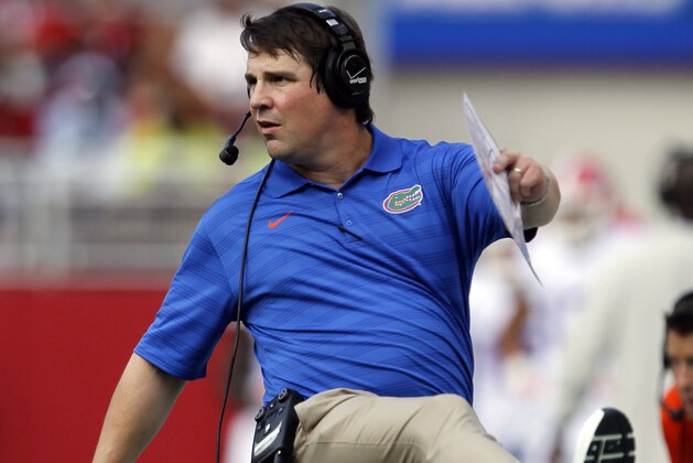 Florida head coach Will Muschamp reacts to a field goal during the first half of an NCAA college football game against Alabama on Saturday, Sept. 20, 2014, in Tuscaloosa, Ala. (AP Photo/Butch Dill)