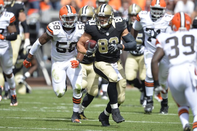 New Orleans Saints tight end Jimmy Graham (80) runs during an NFL football game against the Cleveland Browns Sunday, Sept. 14, 2014, in Cleveland. Cleveland won 26-24. (AP Photo/David Richard)