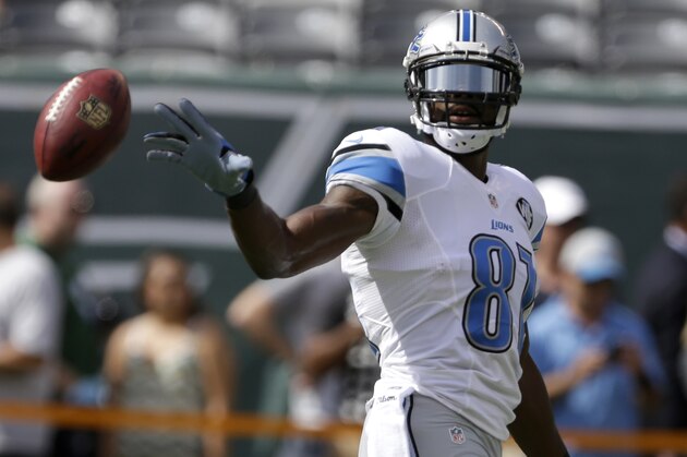 Detroit Lions wide receiver Calvin Johnson warms up prior to an NFL football game against the New York Jets, Sunday, Sept. 28, 2014, in East Rutherford, N.J. (AP Photo/Frank Franklin II)