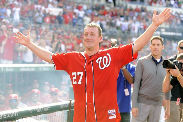 WASHINGTON, DC - SEPTEMBER 28:  Jordan Zimmermann #27 of the Washington Nationals celebrates his no-hitter after a baseball game against the Miami Marlins on September 28, 2014 at Nationals Park in Washington, DC.  The Nationals won 1-0.  (Photo by Mitchell Layton/Getty Images)