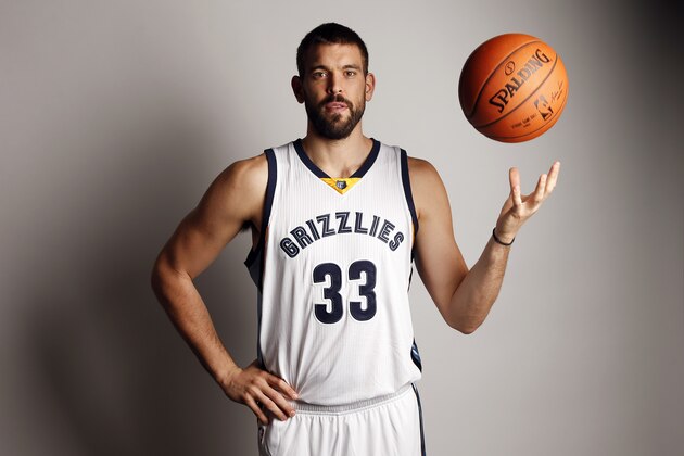Memphis Grizzlies center Marc Gasol poses for a picture during the team's NBA basketball media day on Monday, Sept. 29, 2014, in Memphis, Tenn. Last season ended with the Grizzlies ousted in the first-round of the playoffs in seven games by Oklahoma City after failing to close out the Thunder in Memphis in Game 6. (AP Photo/Mark Humphrey)