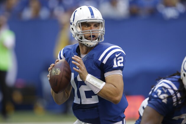 Indianapolis Colts quarterback Andrew Luck throws against the Tennessee Titans during the second half of an NFL football game in Indianapolis, Sunday, Sept. 28, 2014. (AP Photo/AJ Mast)