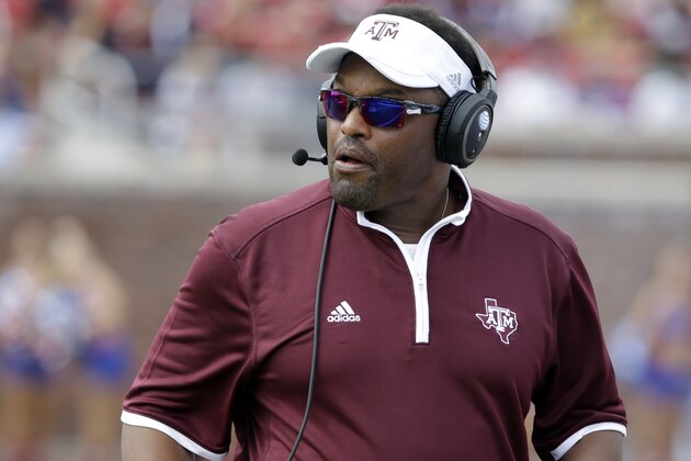 Texas A&M head coach Kevin Sumlin watches a play in the first half of an NCAA college football game against SMU, Saturday, Sept. 20, 2014, in Dallas. (AP Photo/Tony Gutierrez)