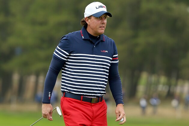 AUCHTERARDER, SCOTLAND - SEPTEMBER 28:  Phil Mickelson of the United States looks on during the Singles Matches of the 2014 Ryder Cup on the PGA Centenary course at the Gleneagles Hotel on September 28, 2014 in Auchterarder, Scotland.  (Photo by Ross Kinnaird/Getty Images)
