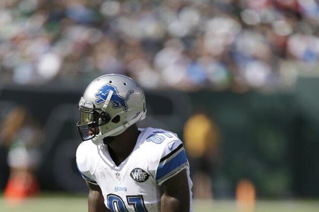 Detroit Lions wide receiver Calvin Johnson lines up against the New York Jets during the first half of an NFL football game, Sunday, Sept. 28, 2014, in East Rutherford, N.J. (AP Photo/Frank Franklin II)
