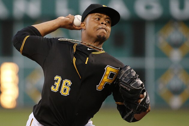 Pittsburgh Pirates' Edinson Volquez warms up before the first inning of a baseball game against the Milwaukee Brewers in Pittsburgh Saturday, Sept. 20, 2014. (AP Photo/Gene J. Puskar)