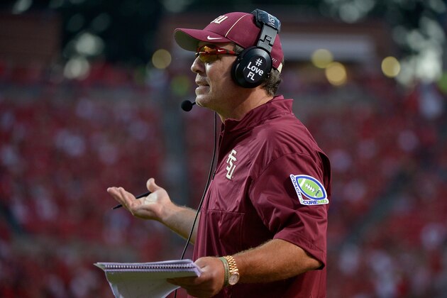RALEIGH, NC - SEPTEMBER 27: Head coach Jimbo Fisher of the Florida State Seminoles questions a penalty during their game against the North Carolina State Wolfpack at Carter-Finley Stadium on September 27, 2014 in Raleigh, North Carolina. Florida State won 56-41. (Photo by Grant Halverson/Getty Images)