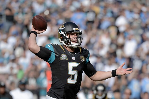 SAN DIEGO - SEPTEMBER 28:  Starting Quarterback Blake Bortles #5 of the Jacksonville Jaguars passes against the San Diego Chargers during their NFL game at Qualcomm Stadium on September 28, 2014 in San Diego, California. (Photo by Donald Miralle/Getty Images)