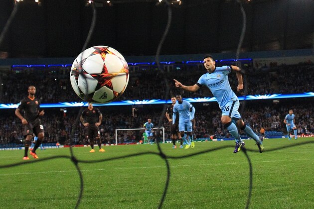 Manchester City's Sergio Aguero celebrates after scoring a penalty during a Champions League group E soccer match between Manchester City and Roma at the Etihad Stadium, Manchester, England, Tuesday, Sept. 30, 2014. (AP Photo/Jon Super)