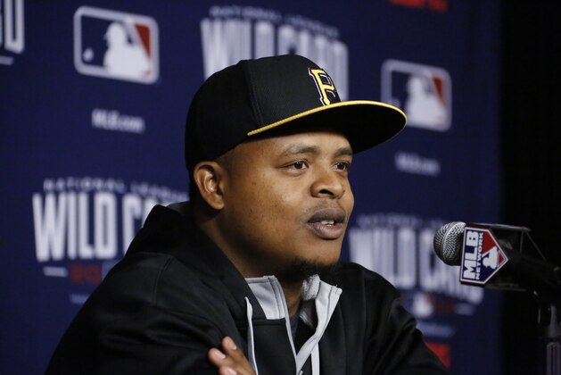 Pittsburgh Pirates starting pitcher Edinson Volquez answers questions during a press conference at PNC Park in Pittsburgh Tuesday, Sept. 30, 2014. Volquez will be the Pirates starting pitcher in Wednesday's National League Wild Card game against the San Francisco Giants in Pittsburgh. (AP Photo/Gene J. Puskar)