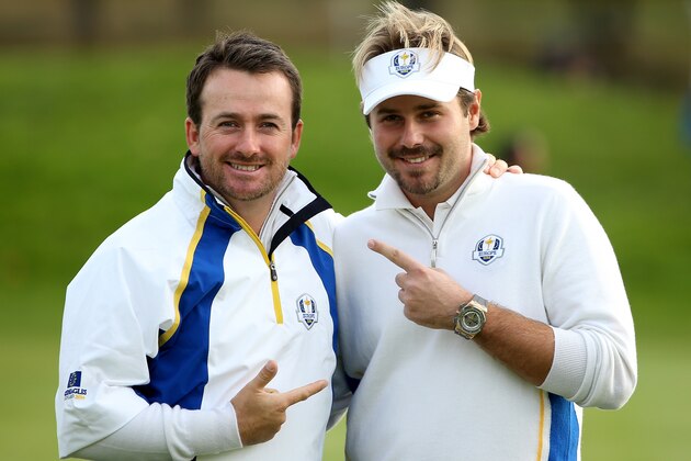 AUCHTERARDER, SCOTLAND - SEPTEMBER 27:  Graeme McDowell (L) and Victor Dubuisson of Europe celebrate victory on the 14th green during the Afternoon Foursomes of the 2014 Ryder Cup on the PGA Centenary course at the Gleneagles Hotel on September 27, 2014 in Auchterarder, Scotland.  (Photo by Ross Kinnaird/Getty Images)
