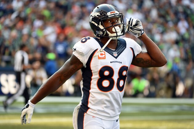 SEATTLE, WA - SEPTEMBER 21: Wide receiver Demaryius Thomas #88 of the Denver Broncos walks to the bench after scoring a two point conversion during the fourth quarter of the game against the Seattle Seahawks at CenturyLink Field on September 21, 2014 in Seattle,Washington. The Seahawks won the game 26-20. (Photo by Steve Dykes/Getty Images)