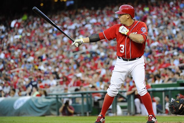 Sep 27, 2014; Washington, DC, USA; Washington Nationals second baseman Asdrubal Cabrera (3) at bat against the Miami Marlins during the eighth inning at Nationals Park. The Nationals won 5-1. Mandatory Credit: Brad Mills-USA TODAY Sports