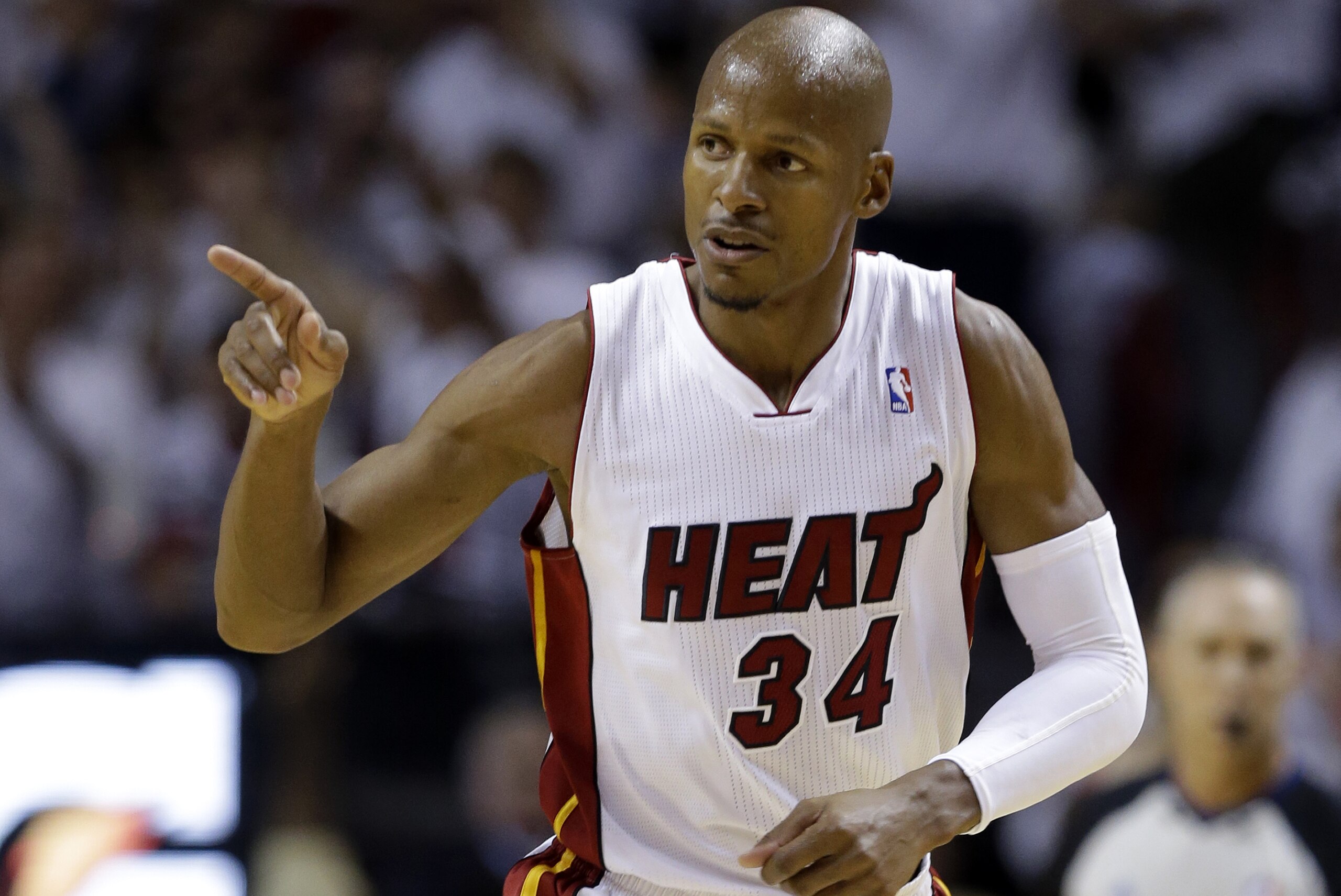 Miami Heat guard Ray Allen gestures after scoring a three-point basket during the first half Game 6 in the NBA basketball playoffs Eastern Conference finals against the Indiana Pacers, Friday, May 30, 2014, in Miami. (AP Photo/Lynne Sladky)