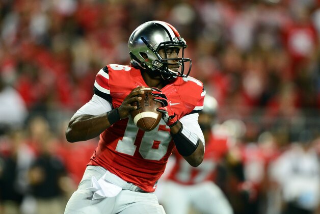 Sep 6, 2014; Columbus, OH, USA; Ohio State Buckeyes quarterback J.T. Barrett (16) looks to pass during the second quarter against the Virginia Tech Hokies at Ohio Stadium. Mandatory Credit: Andrew Weber-USA TODAY Sports