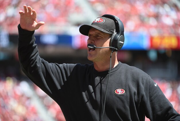 August 24, 2014; Santa Clara, CA, USA; San Francisco 49ers head coach Jim Harbaugh celebrates during the first quarter against the San Diego Chargers at Levi's Stadium. The 49ers defeated the Chargers 21-7. Mandatory Credit: Kyle Terada-USA TODAY Sports