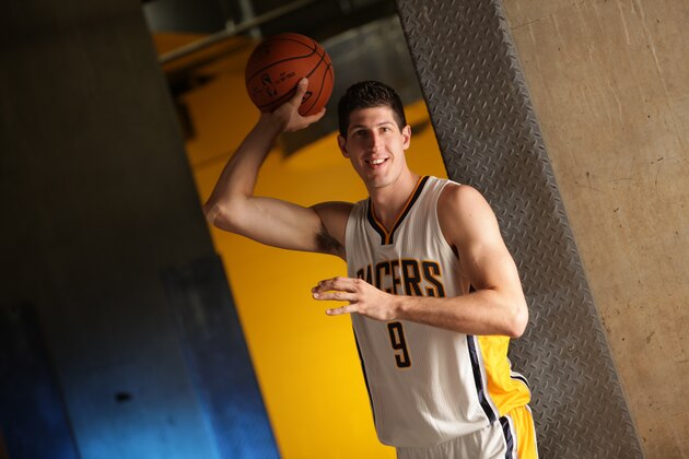 INDIANAPOLIS - SEPTEMBER 29: Damjan Rudez #9 of the Indiana Pacers during the Pacers media day at Bankers Life Fieldhouse on September 29, 2014 in Indianapolis, Indiana.  NOTE TO USER: User expressly acknowledges and agrees that, by downloading and or using this Photograph, user is consenting to the terms and condition of the Getty Images License Agreement. Mandatory Copyright Notice: 2014 NBAE  (Photo by Ron Hoskins/NBAE via Getty Images)