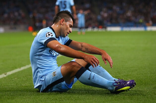 MANCHESTER, ENGLAND - SEPTEMBER 30:  Sergio Aguero of Manchester City reacts during the UEFA Champions League Group E match between Manchester City FC and AS Roma  on September 30, 2014 in Manchester, United Kingdom.  (Photo by Alex Livesey/Getty Images)