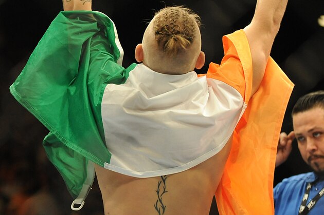 Sep 27, 2014; Las Vegas, NV, USA; Conor McGregor celebrates his knockout victory during the first round over Dustin Poirier during UFC 178 at MGM Grand Garden Arena. Mandatory Credit: Stephen R. Sylvanie-USA TODAY Sports