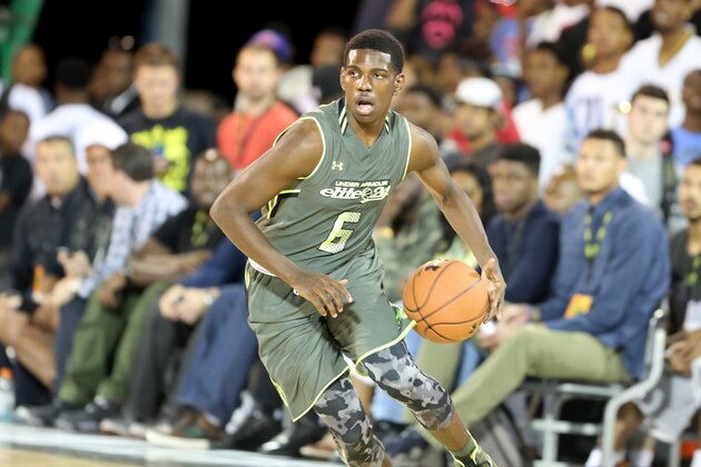 Team Liberty 's Jawun Evans #6 in action against Team Freedom during the Under Armour Elite 24 Game on Saturday, August 23, 2014 in Brooklyn, NY.  (AP Photo/Gregory Payan)