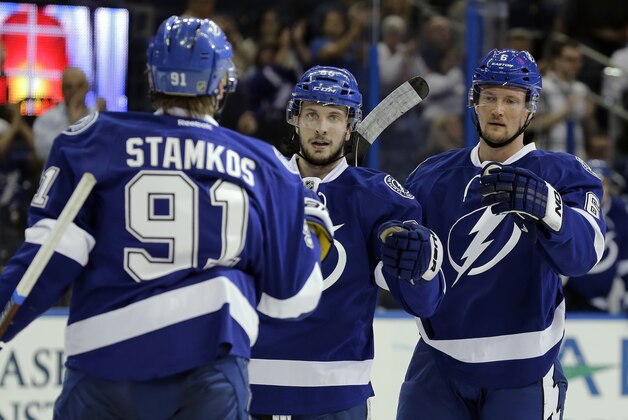 Tampa Bay Lightning defenseman Anton Stralman (6) celebrates his goal against the Dallas Stars with teammates right wing Nikita Kucherov (86) and center Steven Stamkos (91) during the second period of an NHL preseason hockey game Friday, Sept. 26, 2014, in Tampa, Fla. (AP Photo/Chris O'Meara)
