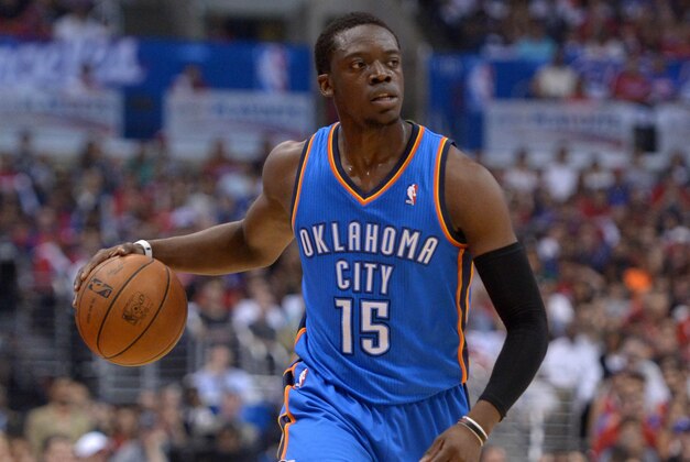 May 11, 2014; Los Angeles, CA, USA; Oklahoma City Thunder guard Reggie Jackson (15) dribbles the ball during game four of the second round of the 2014 NBA Playoffs against the Los Angeles Clippers at Staples Center. Mandatory Credit: Kirby Lee-USA TODAY Sports