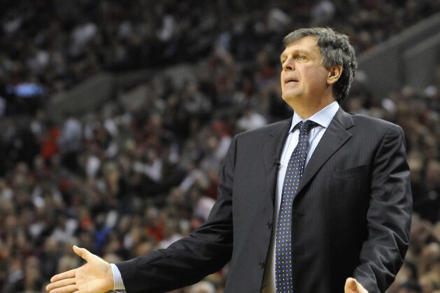 Houston Rockets' head coach Kevin McHale reacts to a call against the Portland Trail Blazers during the first half of game six of an NBA basketball first-round playoff series game in Portland, Ore., Friday May 2, 2014. The Trail Blazers won the series 4-2 in a 99-98 win. (AP Photo/Greg Wahl-Stephens)