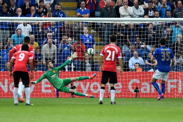 LEICESTER, ENGLAND - SEPTEMBER 21:  Leicester fans look on as David Nugent of Leicester City scores his teams second goal from the penalty spot past the diving David De Gea of Manchester United during the Barclays Premier League match between Leicester City and Manchester United at The King Power Stadium on September 21, 2014 in Leicester, England.  (Photo by Mike Hewitt/Getty Images)