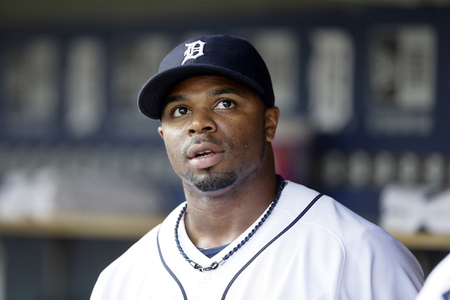 Detroit Tigers left fielder Rajai Davis is seen before the first inning of a baseball game against the Seattle Mariners, Friday, Aug. 15, 2014 in Detroit. (AP Photo/Carlos Osorio)