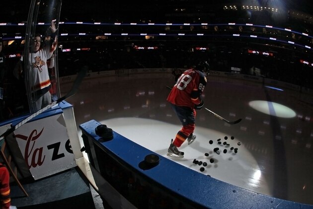 SUNRISE, FL - FEBRUARY 18: Peter Mueller #88 of the Florida Panthers skates out to the ice prior to the start of the game against the Toronto Maple Leafs at the BB&T Center on February 18, 2013 in Sunrise, Florida. (Photo by Eliot J. Schechter/NHLI via Getty Images)