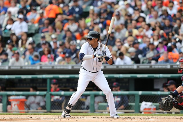 DETROIT, MI - SEPTEMBER 14:  Victor Martinez #41 of the Detroit Tigers bats during the first inning of the game against the Cleveland Indians at Comerica Park on September 14, 2014 in Detroit, Michigan. The Tigers defeated the Indians 6-4.  (Photo by Leon Halip/Getty Images)